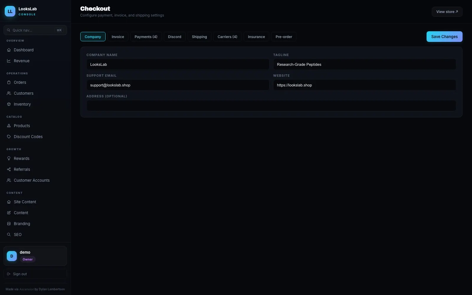 LooksLab — Admin checkout